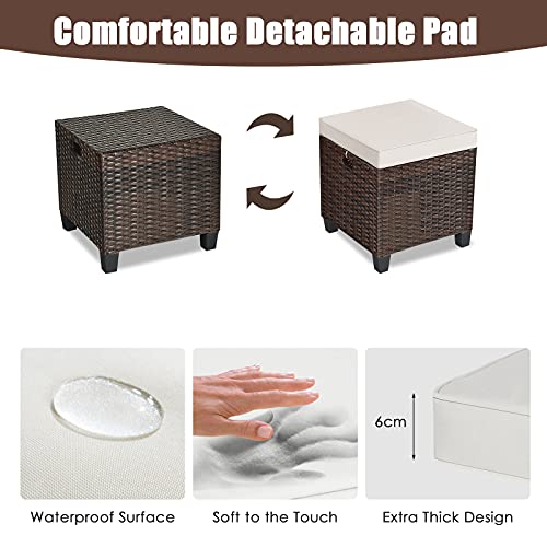 RELAX4LIFE 2-Piece Patio Ottoman Set - Wicker Footstools, All Weather PE Rattan Ottoman with Removable Cushions, Square Footrest Seat, Outdoor Stools for Garden, Porch, Pouf Ottoman (Brown)