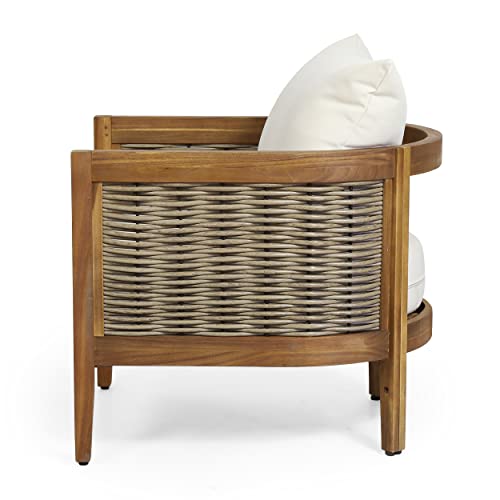 Christopher Knight Home Burchett Outdoor Acacia Wood Club Chair with Cushions, Lounge Chair for Patio Backyard, Stylish Garden Seating, Open Slat Design, PE Rattan Weaving, Brown+Beige