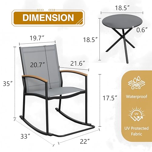 Shintenchi 3 Piece Outdoor Rocking Bistro Set, Textilene Fabric Small Patio Furniture Set, Front Porch Rocker Chairs Conversation Set with Table for Lawn, Garden, Balcony, Poolside (Light Gray)