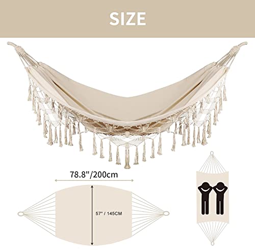 Bellzacasa Double Hammock, Heavy Duty 500 lb Load Capacity Tassels and Fishtail Knitting Portable Camping Hammocks with Mounting Straps for Outdoor Camping Patio Balcony Beige