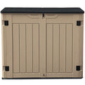 DWVO 35 Cuft Outdoor Horizontal Storage, Waterproof Resin Storage Shed with Floor and Multiple Accesses for Garden Tools, Easy Assembly, Brown (No Shelf Included)