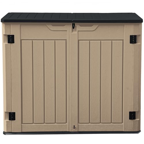 DWVO 35 Cuft Outdoor Horizontal Storage, Waterproof Resin Storage Shed with Floor and Multiple Accesses for Garden Tools, Easy Assembly, Brown (No Shelf Included)