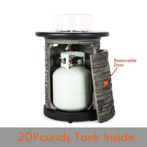 BAIDE HOME Outdoor Propane Fire Pit Table, Round Porcelain Tile Top 22" Fire Bowl Column W/ 40,000 BTU Firepit Table Auto-Ignition 400D Cover Glass Rocks for Outside Patio