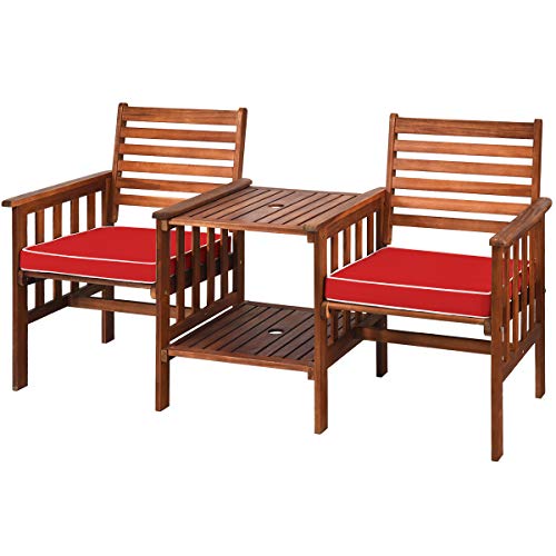 Tangkula Acacia Wood Loveseat, 3pcs Outdoor Table Chairs Set, Patio Conversation Set w/Coffee Table and Soft Cushions, 2.1-inch Umbrella Hole, 2-Seater Furniture Set (Red)