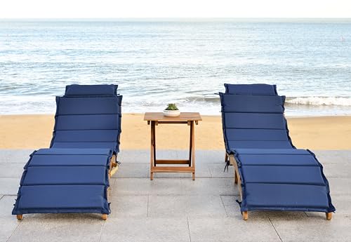 SAFAVIEH Outdoor Collection Pacifica Natural Brown Solid Wood/Navy Cushion 3-Piece Chaise Lounge Set with Table (PAT7020C)