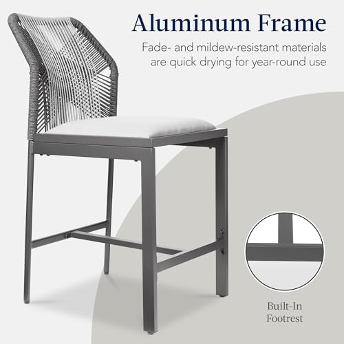 Best Choice Products Indoor Outdoor Counter Height Bar Stools Set of 2, Armless Kitchen Counter Stools w/Back and Footrest, Built-in Cushion, Aluminum Frame - Charcoal/Graphite