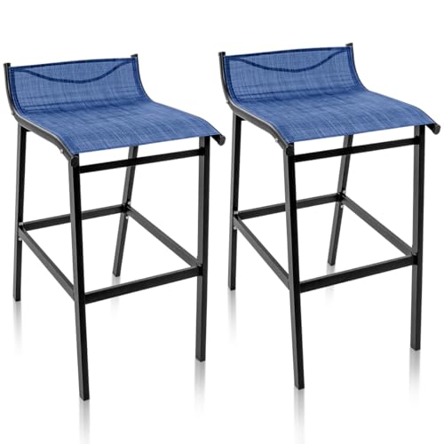 Sundale Outdoor Patio Metal Bar Stools Set of 2, Low Back Modern Counter Height Tall Chair Armless, High Top Outside Barstools, All-Weather Patio Stools for Porch Yard Deck Balcony, Modern Blue