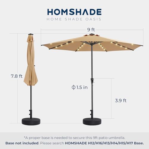 HOMSHADE 9ft Solar Patio Umbrella - Solar Lights LED Lighted Outdoor Market Table Umbrella, UPF50+ UV Protection with Push Button Tilt, Crank for Pool Deck and Garden (Beige)