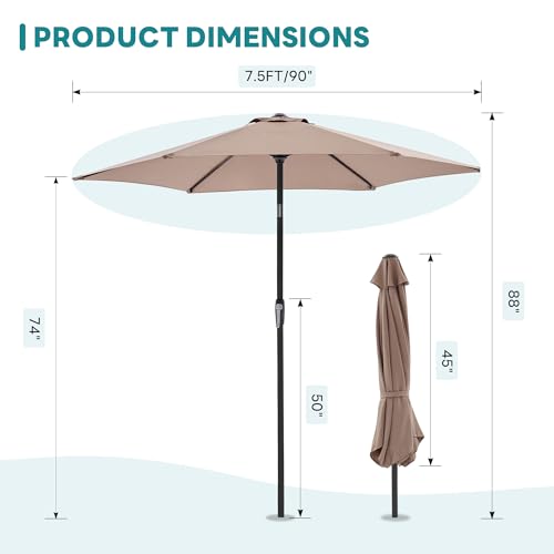 OLIXIS 7.5ft Patio Umbrella with Tilt and Crank Button & 6 Sturdy Ribs Waterproof, 7.5 Feet Patio Table Umbrella Sun Shade for Poolside, Terrace, Beach and Outdoor Restaurant, Khaki