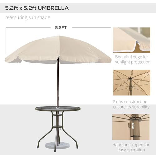Outsunny 6 Piece Patio Dining Set for 4 with Umbrella, Outdoor Table and Chairs with 4 Folding Dining Chairs & Round Glass Table for Garden, Backyard and Poolside, Beige
