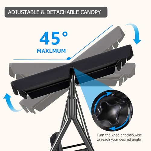 3-Seat Patio Swing Chair,Outdoor Porch Swing with Adjustable Canopy and Durable Steel Frame for Patio, Garden, Poolside (Black)
