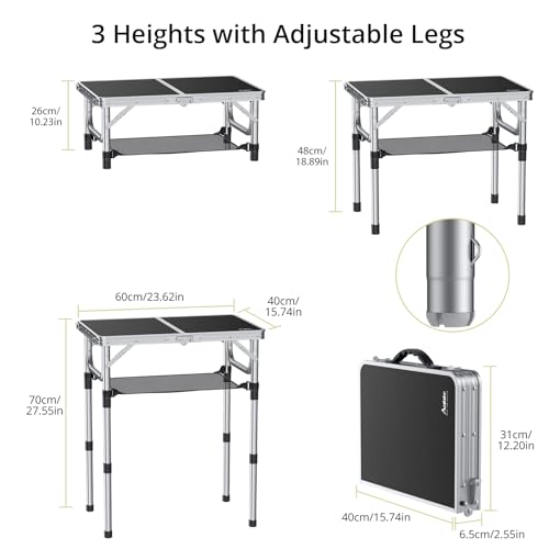 Anbte Folding Camping Table, Aluminum 24" x 16" Adjustable Height Small Folding Table with Carrying Handle, Lightweight, Portable Camping Table Waterproof for Outdoor Indoor Picnic Beach BBQ (Black)