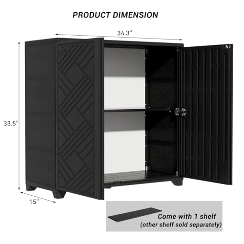 KINYING Outdoor Storage Cabinet Waterproof, 60 Gallon Resin Outdoor Storage Shed for Patio/Garden/Backyard, Outdoor Storage Box for Cushions,Garden Tools and Pool Supplies(Black with 1 Shelving)