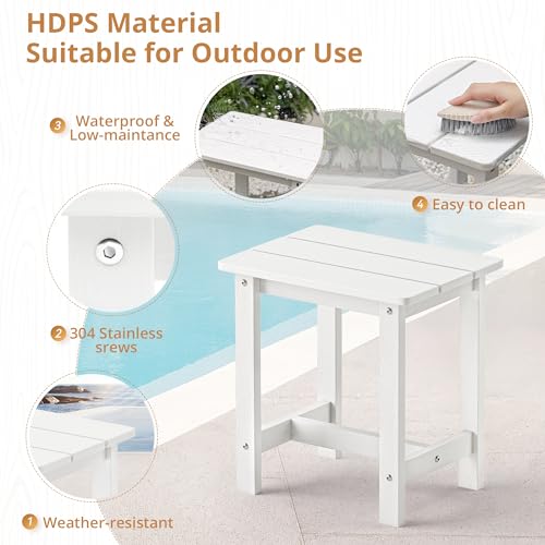 LUE BONA Outdoor Side Table, HDPS Small Outdoor Adirondack Side Tables, Outside End Table for Patio, Porch, Deck, Weather Resistant/Easy Maintenance, White