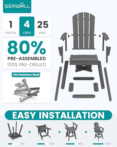 SERWALL Swivel Adirondack Barstools Set of 2, HDPE Outdoor Swivel Bar Chairs Set of 2 for Patio, Poolside, Garden, Grey