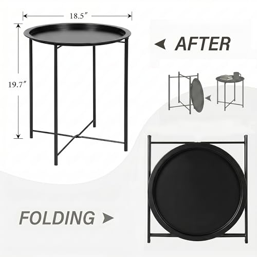 VECELO Side/End Table, Folding Round Metal Anti-Rust and Waterproof Outdoor or Indoor Tray for Living Room Bedroom Balcony and Office, 2 PCS, Black