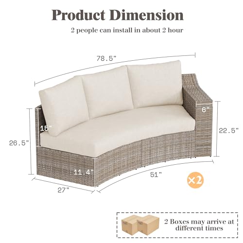 LUXOAK 6-Piece Wicker Patio Furniture Set, Curved Half-Moon Outdoor Sectional Sofa with 6" Wide Armrests, All-Weather Rattan Conversation Set with Thick Cushions, for Backyard/Garden/Deck/Patio