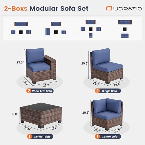 UDPATIO Patio Furniture Set, 8 Inch Armrest Outdoor Sectional Sofa with Wicker Coffee Table, 6 Piece Conversation for Garden, Backyard, Navy Blue