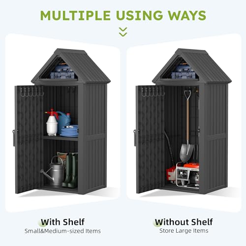 WTFGO Vertical Outdoor Storage Shed, Waterproof Resin Outdoor Storage Cabinet with Removable Shelves & 12 Hooks, Lockable Small Tool Shed for Garden, Backyard, Patio, Pool, Black