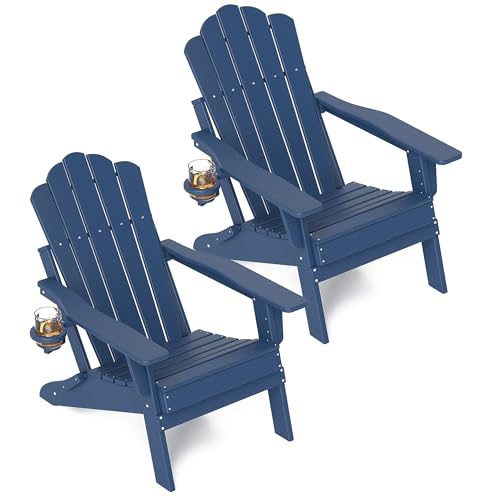 FOOWIN HDPE Adjustable Adirondack Chair Set of 2, 400lbs Heavy Duty Folding Patio Chairs with Cup Holder, 3-Position Reclining Fire Pit Seating, All-Weather Poly Lumber for Backyard, Deck - Navy Blue