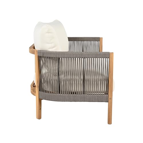 Christopher Knight Home Havets 77"W Outdoor 3 Seater Sofa, 6" Thick Cushion Couch, Acacia Wood Bench Sofa, Comfy Woven Rope Armchair, Spacious Seating Bench Couch for Backyard Garden Porch, Gray+Beige