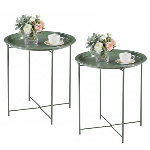 VECELO Side/End Table, Folding Round Metal Anti-Rust and Waterproof Outdoor or Indoor Tray for Living Room Bedroom Balcony and Office, 2 PCS, Dark Green