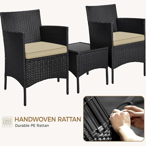 Yaheetech 3 Pieces Patio Conversation Set, Outdoor Rattan Bistro Furniture, 2 Chairs with Cushions & 1 Side Table for Bistro/Porch/Garden/Deck/Courtyard, Black/Khaki