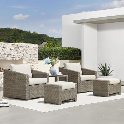 CHITA 5 Pieces Swivel Wicker Patio Furniture Set, Outdoor Conversation Set with 2 Pieces Rattan Swivel Chairs, 2 Pieces Ottomans, Thickened Cushions and Side Table, Beige Cushions with Grey Wicker