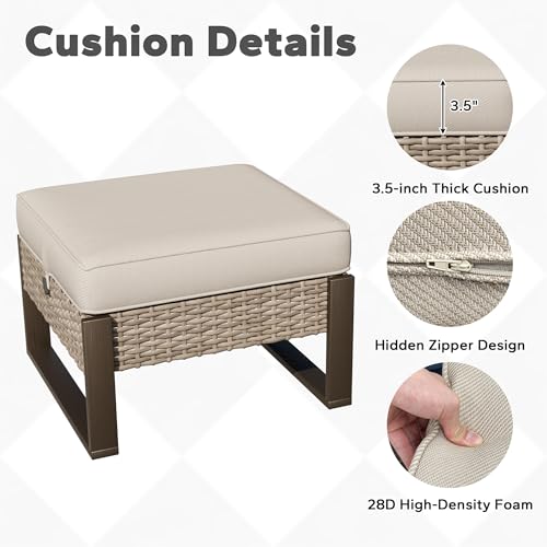 Joyside Outdoor Patio, All-Weather PE Rattan Ottomans Footstools with Removable Cushions & Anti-Rust Wood-Looking Legs for Garden, Backyard, Porch, Deck (Beige)
