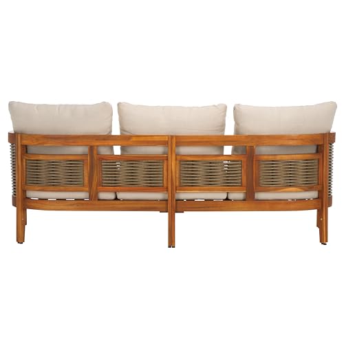 SAFAVIEH Outdoor Collection Amanda Natural Acacia Solid Wood/Taupe Cushion 3-Seater Sofa