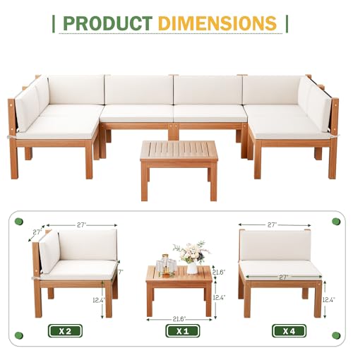 Devoko Outdoor Sectional Couch 7 Pieces Patio Sectional Sofa with Acacia Wood Coffee Table, Outdoor L-Shaped Couch with All-Weather Cushion for Patio,Deck,Backyard(White)