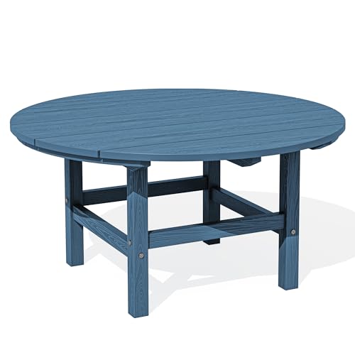 SERWALL 35.5'' Round Outdoor Table with Umbrella Hole, HDPE Weatherproof Coffee Table, Blue