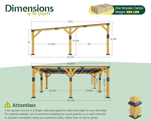 Jocisland 20' x 20' Cedar Wood Gazebo with Sloped Galvanized Steel Roof, Hardtop Gazebo Pavilion with Durable, Rot-Resistant Construction, Permanent Outdoor Pergola for Backyard, Garden & Deck