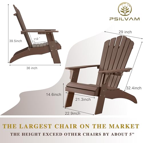 Psilvam Adirondack Chair, Oversized Poly Lumber Fire Pit Chair with Cup Holder, 350Lbs Support Patio Chairs for Garden, Weather Resistant Outdoors Seating, Relaxing Gift for Father & Mother (4, Brown)