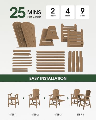 SUUNYN Tall Adirondack Chairs Set of 2, HDPE High Adirondack Chairs with Double Removable Trays, All Weather Outdoor Barstools for Patio, Balcony, Backyard, Deck and Garden, Teak