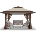 CROWN SHADES 11x11 Pop Up Gazebo, Patented One Push Outoor Canopy Tent with Wheeled STO-N-GO Cover Bag, Pop Up Canopy with Netting for Patio, Backyard (11x11, Beige & Coffee)
