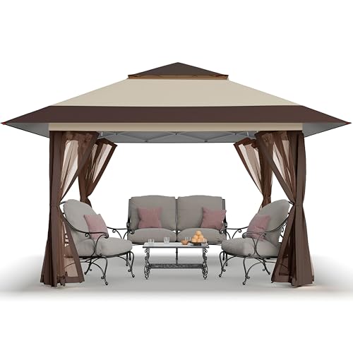 CROWN SHADES 11x11 Pop Up Gazebo, Patented One Push Outoor Canopy Tent with Wheeled STO-N-GO Cover Bag, Pop Up Canopy with Netting for Patio, Backyard (11x11, Beige & Coffee)