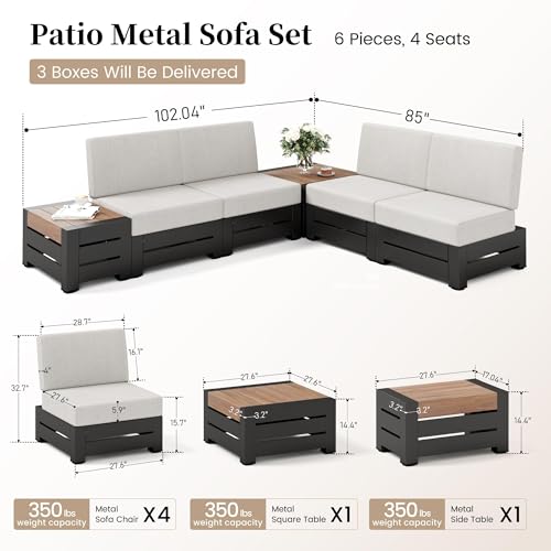 SUNSHINE VALLEY Upgraded 6-Piece Metal Patio Furniture Set with 5.9" Thick Cushion, Outdoor Sectional Furniture Conversation Set with Coffee Table & Side Table, Patio Modular L Shape Sofa for Backyard