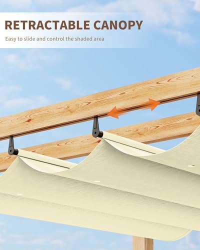 KYBOLT 10x10 Ft Outdoor Pergola with Retractable Canopy Metal Gazebo Imitation Wood-Grain Column with Side Mesh Screen Modern Pavilion for Backyard(Beige+White)