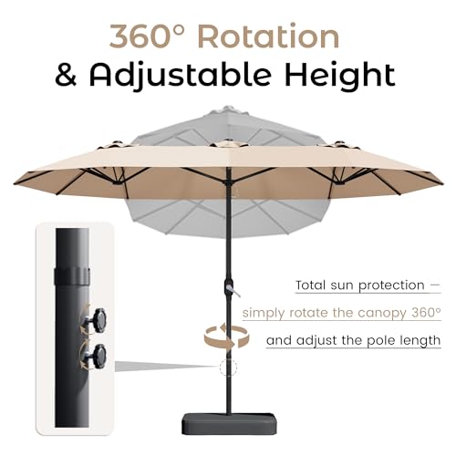 DomeShade 15ft Patio Umbrella with Base,Large Outdoor Double-Sided Rectangle Umbrella with Crank Handle, Market Umbrella for Poolside Garden Deck Backyard Beach Pools, Beige