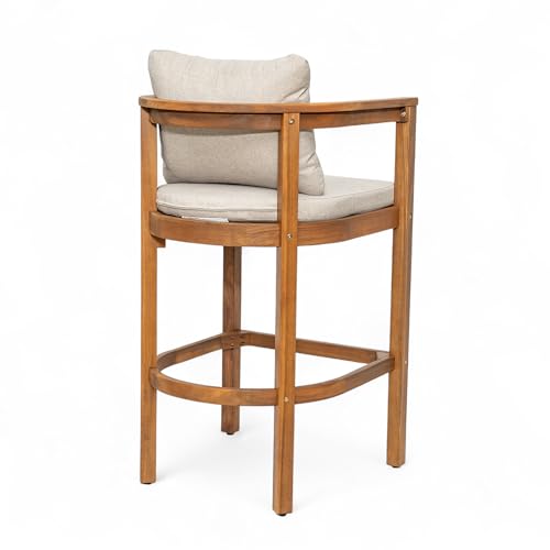 Christopher Knight Home Kuart Acacia Wood Outdoor Bar Stool Set of 2 with Cushion, Patio Armchair Set for Bar Table, Wooden Counter Height Patio Bar Stool with Footrest, Teak+Beige