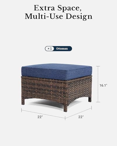 HILLGA Luxury 2PCS Patio Ottomans Footrest, Premium Wicker Steel Frame Outdoor Fabric, Comfortable Cushions, for Garden, Porch, Backyard and Deck (Blue)