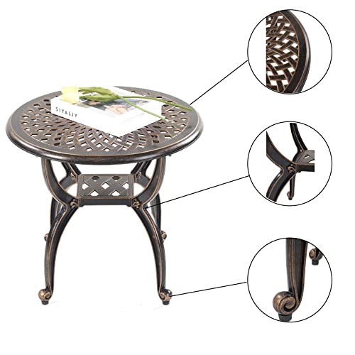Mandolin Outdoor Patio,Rust -Resistant Cast Aluminum Side Table,Weather Resistant End Table，Coffee Table， Perfect for Patio, Backyard Or Garden. (Aluminum Round, Copper)