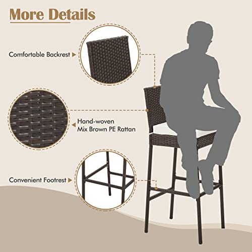 COSTWAY Outdoor Wicker Bar Stools Set of 4, 30'' Patio Bar Height Chairs with Cushion, Footrest and Backrest, Rattan Barstools for Backyard Poolside Deck (Brown)