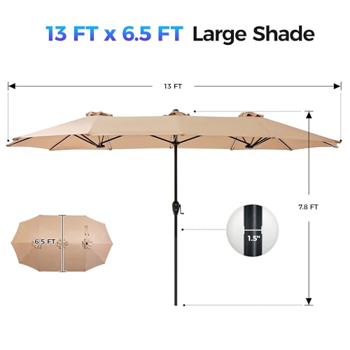 SUPERJARE 13ft Outdoor Patio Umbrella with Solar Lights, Double-sided Deck Pool Umbrella with 1.5 Inch Pole, Fade Resistant Canopy, 12 Sturdy Ribs, for Porch, Market, Backyard, Beige (No Base)