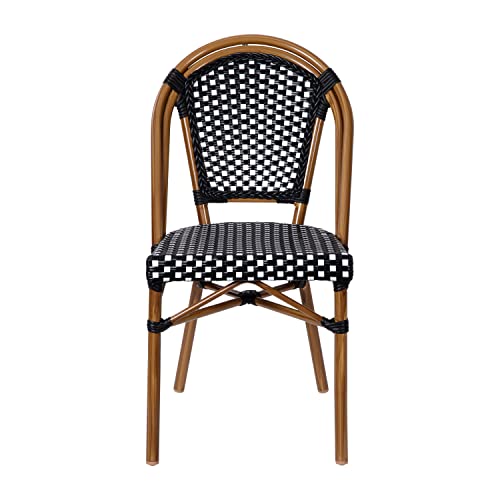 Flash Furniture Bordeaux Set of 2 Indoor/Outdoor Commercial Bistro Stack Chairs - Black/White PE Rattan Back and Seat - Natural Bamboo Print Aluminum Frame