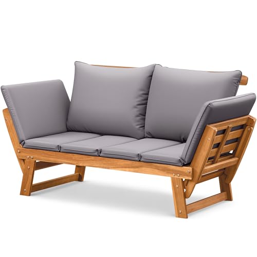 Flamaker Outdoor Couch with Adjustable Armrests, Acacia Wood Patio Loveseat with Soft Cushions, Convertible Patio Furniture for Balcony, Porch, Backyard (Grey)