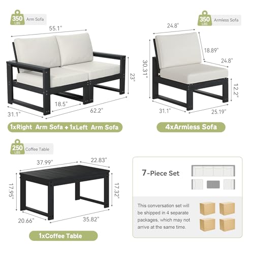 Polyhouz Patio Furniture Set, 7-Piece Outdoor Furniture with Cushions, L Shaped Outdoor Couch Sets 6 Seats, HDPE Patio Sectional Sofas for Porch, Backyard, Deck, Black