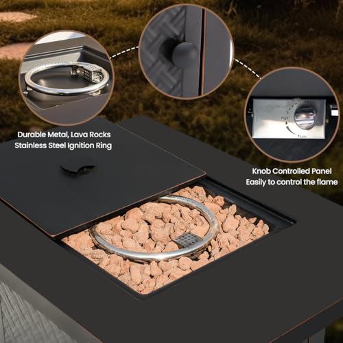 Verdeluxe 32'' Propane Fire Pit,50000 BTU Gas Firepit Table with 2 Drink Holders, Lid & Lava Rock,Outdoor Fire Pit Table for Dining or Party,Propane Firepits for Outside,Patio,Yard