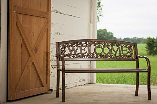 Leigh Country Metal Outdoor Bench, Welcome Design, Decorative Patio Seating for Porch/Deck